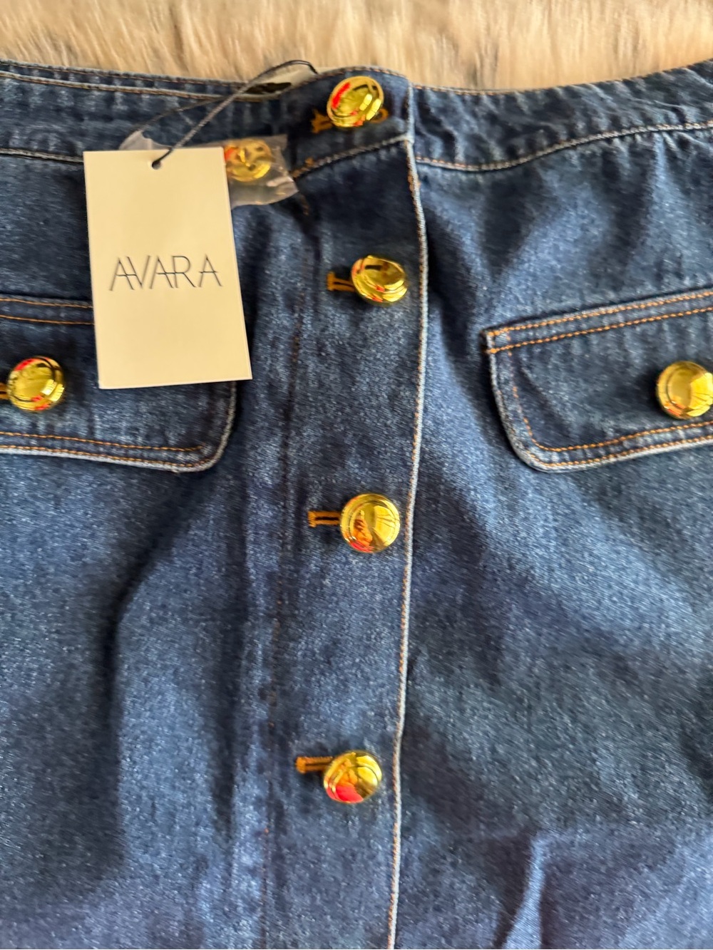 AVARA Dark Blue Denim Mini Skirt with Gold Buttons